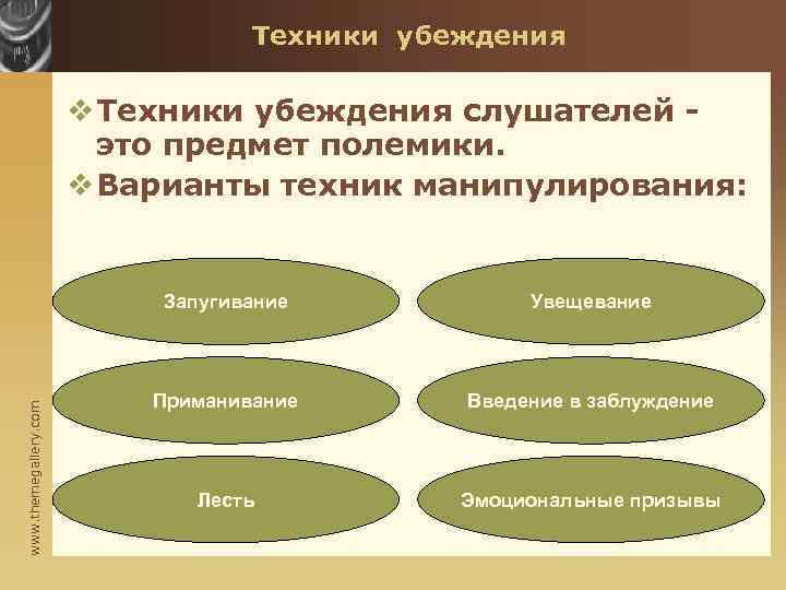 Техники убеждения v Техники убеждения слушателей - это предмет полемики. v Варианты техник манипулирования: