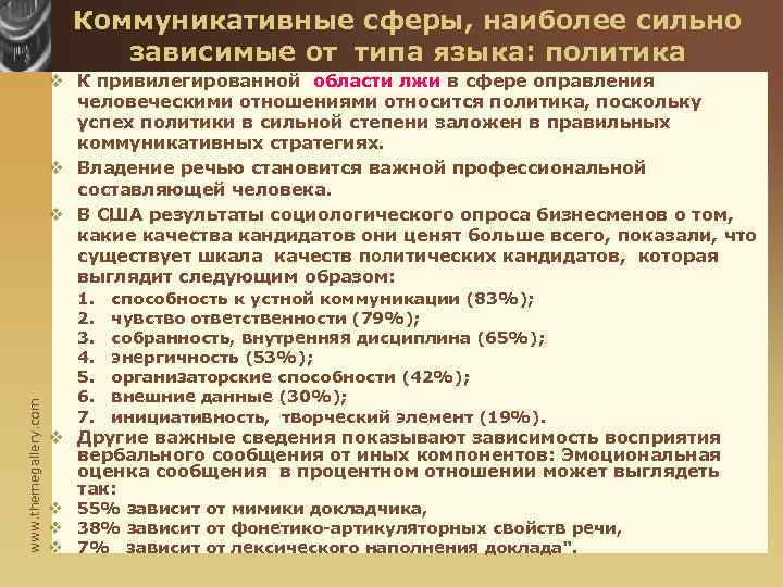 Коммуникативные сферы, наиболее сильно зависимые от типа языка: политика www. themegallery. com v К