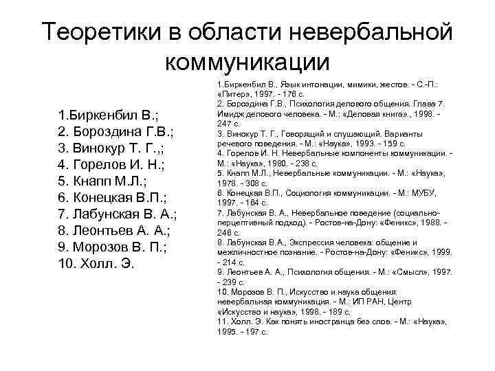 Теоретики в области невербальной коммуникации 1. Биркенбил В. ; 2. Бороздина Г. В. ;