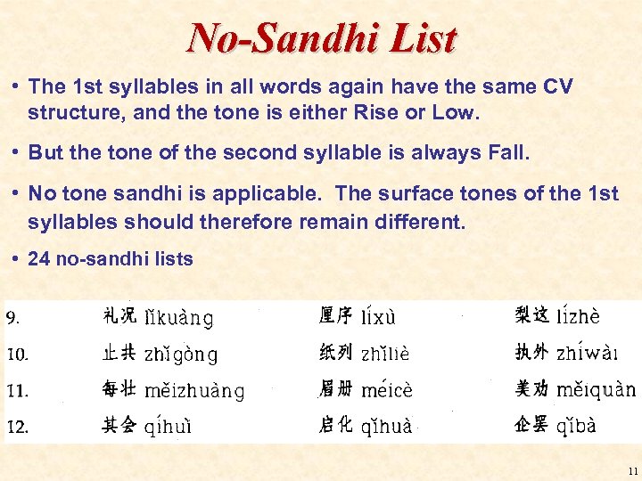 No-Sandhi List • The 1 st syllables in all words again have the same