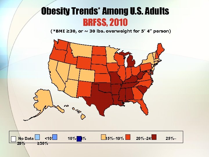 Obesity Trends* Among U. S. Adults BRFSS, 2010 (*BMI ≥ 30, or ~ 30