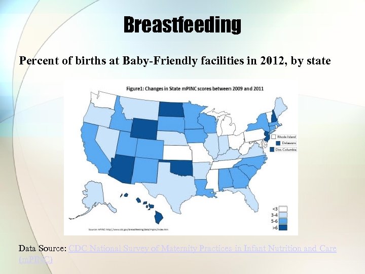 Breastfeeding Percent of births at Baby-Friendly facilities in 2012, by state Data Source: CDC