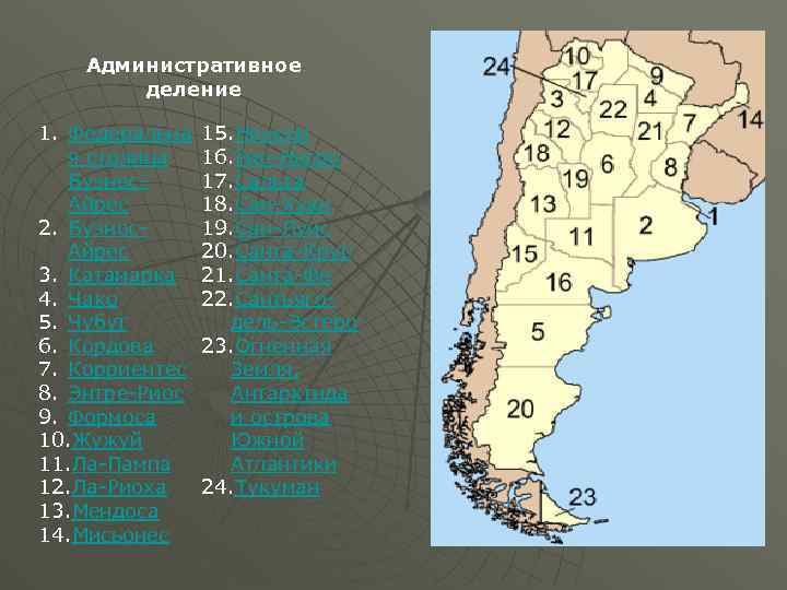 Административное деление 1. Федеральна я столица Буэнос. Айрес 2. Буэнос. Айрес 3. Катамарка 4.