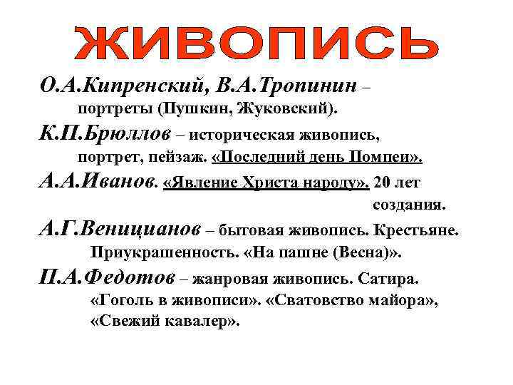 О. А. Кипренский, В. А. Тропинин – портреты (Пушкин, Жуковский). К. П. Брюллов –