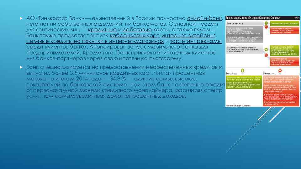  АО «Тинькофф Банк» — единственный в России полностью онлайн-банк, него нет ни собственных