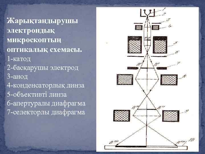 Жарықтандырушы электрондық микроскоптың оптикалық схемасы. 1 -катод 2 -басқарушы электрод 3 -анод 4 -конденсаторлық