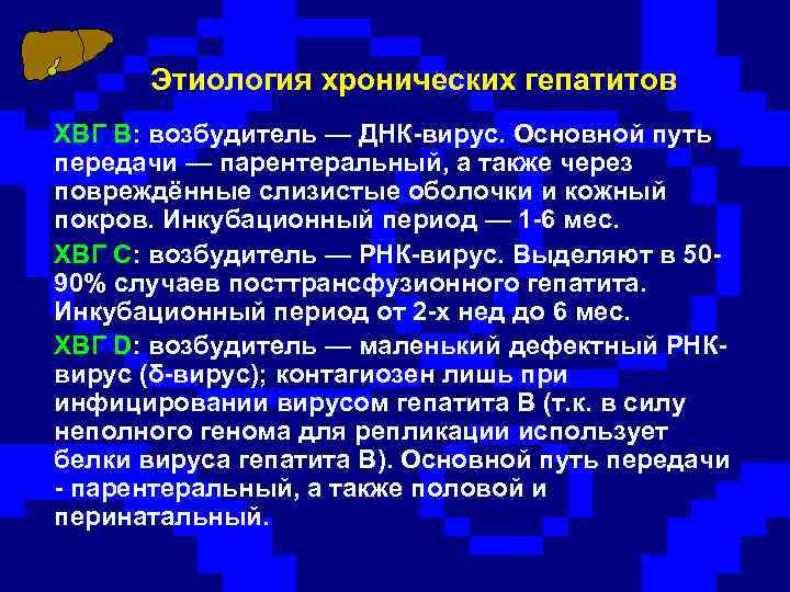 Этиология хронических гепатитов ХВГ В: возбудитель — ДНК-вирус. Основной путь передачи — парентеральный, а