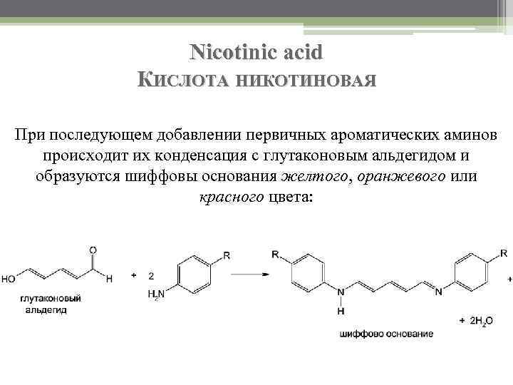 Nicotinic acid КИСЛОТА НИКОТИНОВАЯ При последующем добавлении первичных ароматических аминов происходит их конденсация с