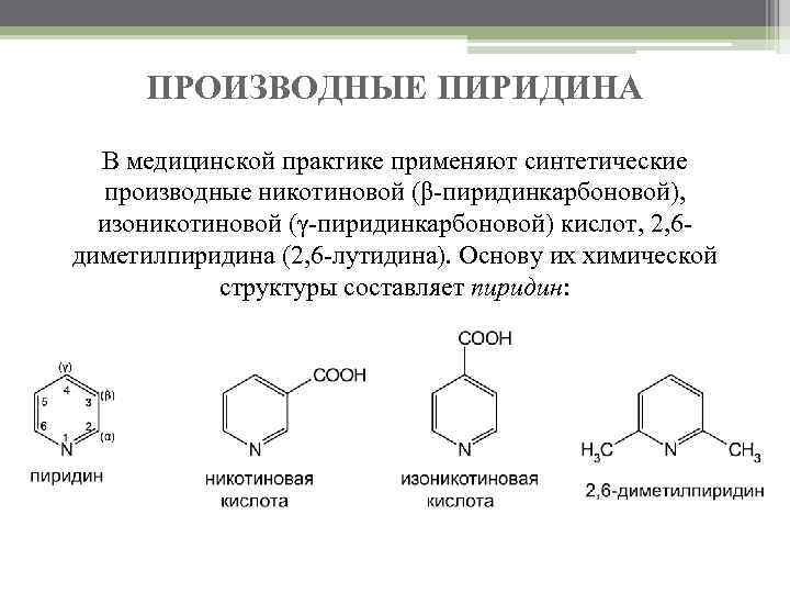 ПРОИЗВОДНЫЕ ПИРИДИНА В медицинской практике применяют синтетические производные никотиновой (β-пиридинкарбоновой), изоникотиновой (γ-пиридинкарбоновой) кислот, 2,