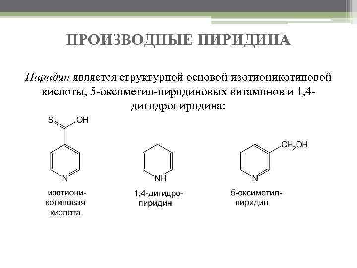 ПРОИЗВОДНЫЕ ПИРИДИНА Пиридин является структурной основой изотионикотиновой кислоты, 5 -оксиметил-пиридиновых витаминов и 1, 4