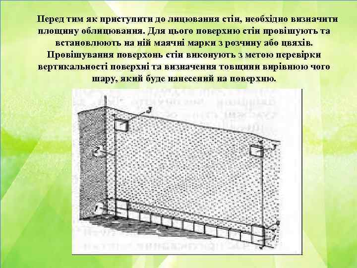 Перед тим як приступити до лицювання стін, необхідно визначити площину облицювання. Для цього поверхню