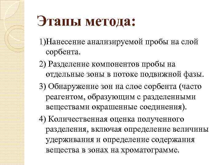 Этапы метода: 1)Нанесение анализируемой пробы на слой сорбента. 2) Разделение компонентов пробы на отдельные
