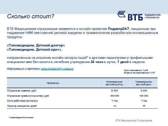 Сколько стоит? ВТБ Медицинское страхование совместно с онлайн-проектом Педиатр24/7, созданным при поддержке НИИ неотложной