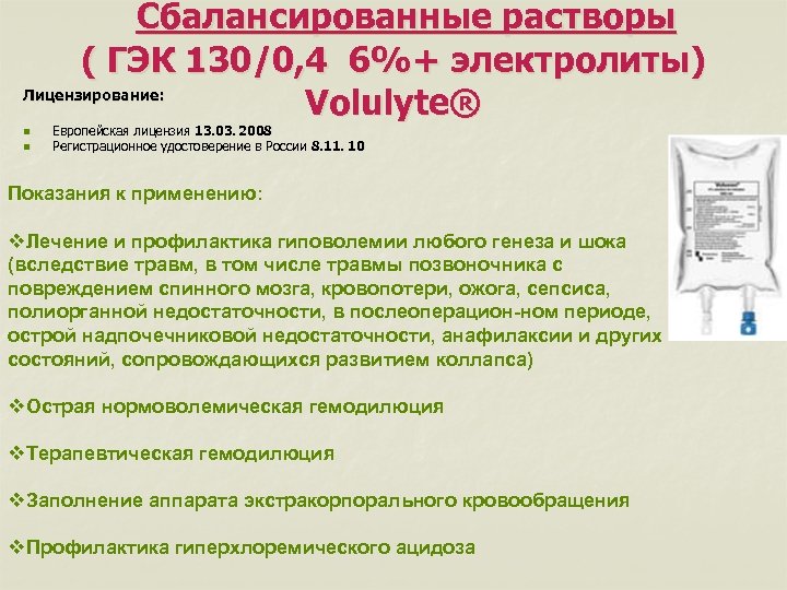  Сбалансированные растворы ( ГЭК 130/0, 4 6%+ электролиты) Лицензирование: Volulyte® n n Европейская