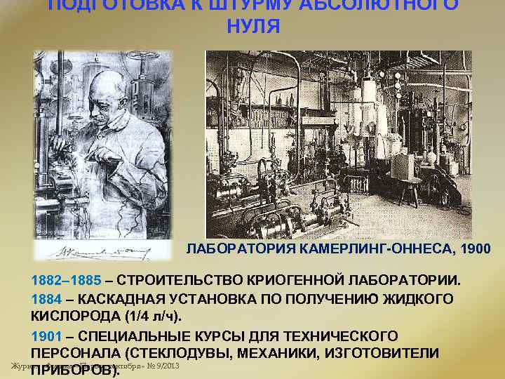 ПОДГОТОВКА К ШТУРМУ АБСОЛЮТНОГО НУЛЯ ЛАБОРАТОРИЯ КАМЕРЛИНГ-ОННЕСА, 1900 1882– 1885 – СТРОИТЕЛЬСТВО КРИОГЕННОЙ ЛАБОРАТОРИИ.