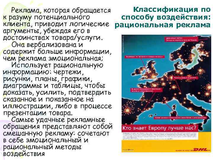 Классификация по Реклама, которая обращается к разуму потенциального способу воздействия: клиента, приводит логические рациональная