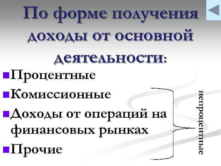 По форме получения доходы от основной деятельности: n Процентные n Доходы от операций на