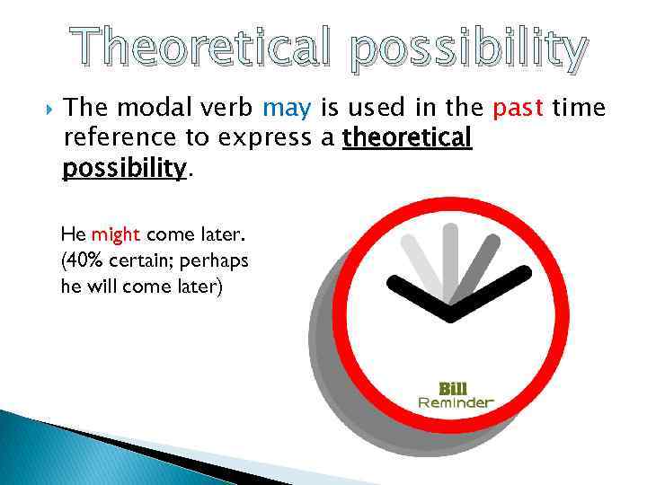 Theoretical possibility The modal verb may is used in the past time reference to