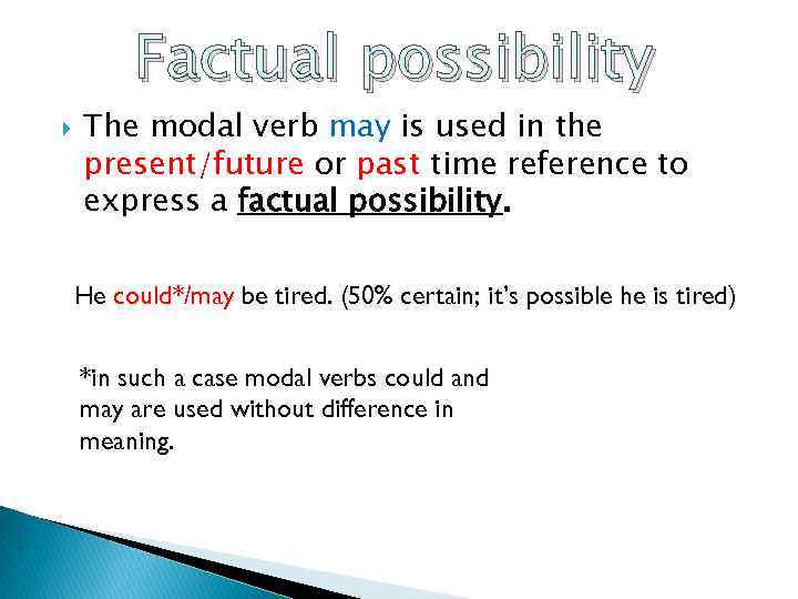 Factual possibility The modal verb may is used in the present/future or past time