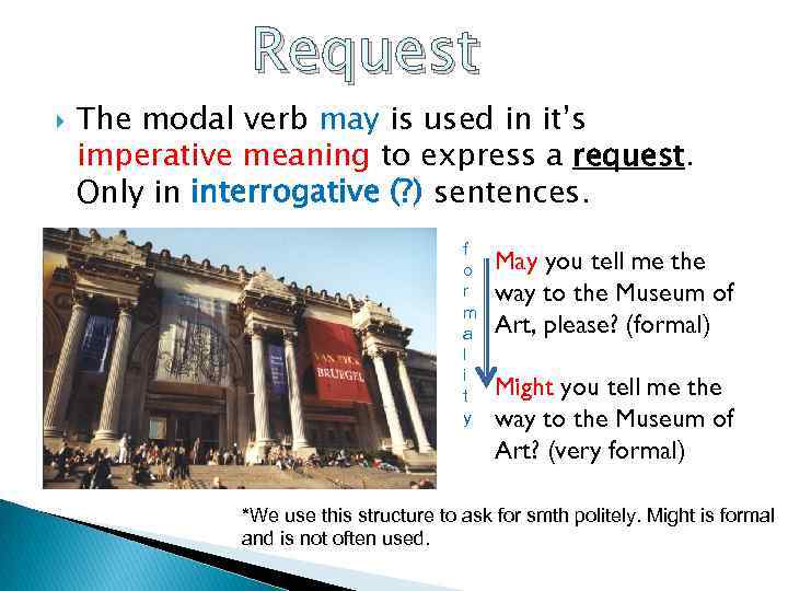 Request The modal verb may is used in it’s imperative meaning to express a