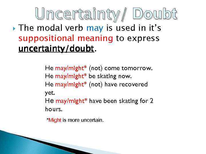  Uncertainty/ Doubt The modal verb may is used in it’s suppositional meaning to