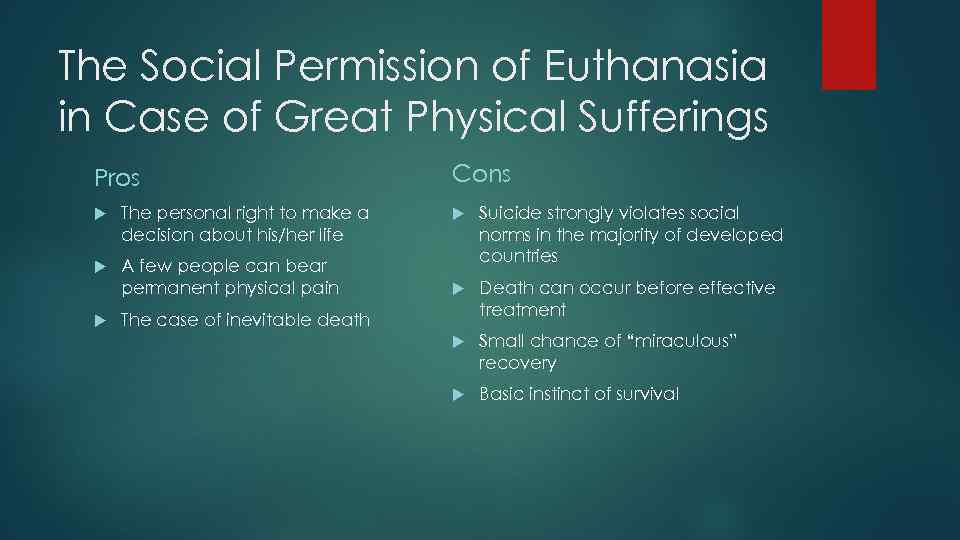 The Social Permission of Euthanasia in Case of Great Physical Sufferings Pros The personal