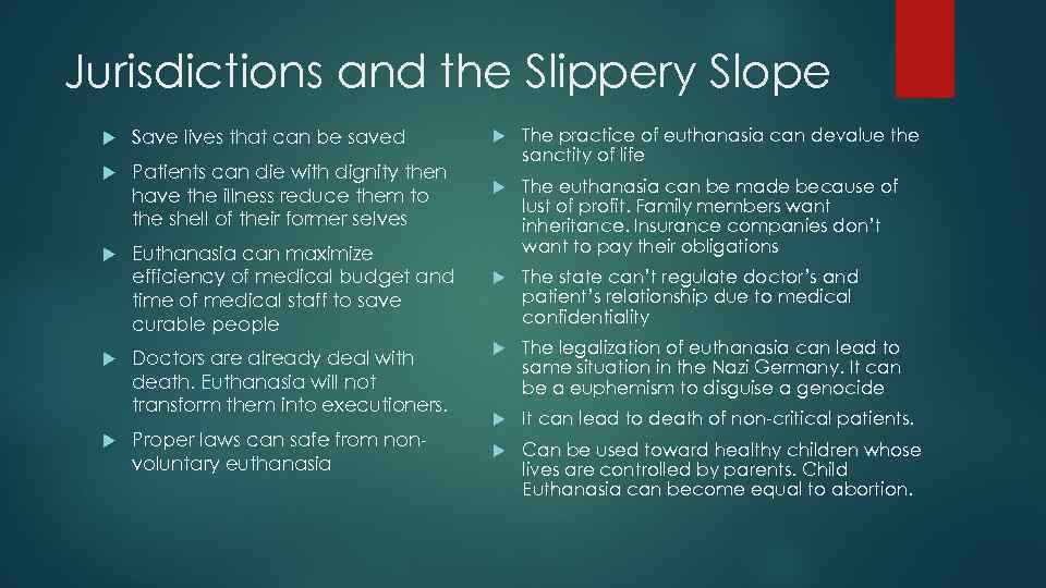 Jurisdictions and the Slippery Slope Save lives that can be saved Patients can die