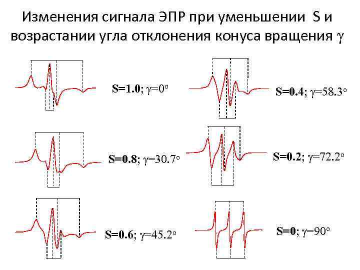 Изменения сигнала ЭПР при уменьшении S и возрастании угла отклонения конуса вращения γ S=1.