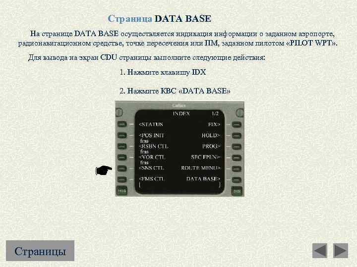 Страница DATA BASE На странице DATA BASE осуществляется индикация информации о заданном аэропорте, радионавигационном