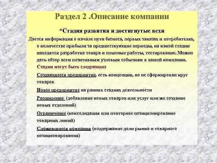 Раздел 2. Описание компании *Стадия развития и достигнутые вехи Дается информация о начале пути