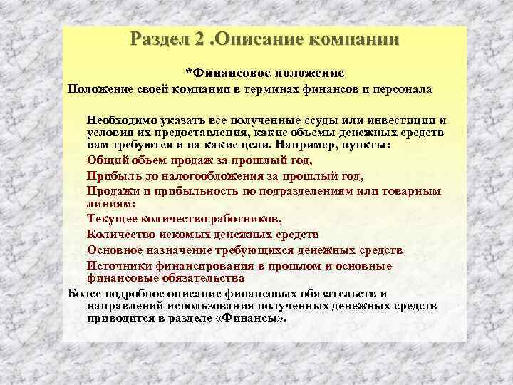 Раздел 2. Описание компании *Финансовое положение Положение своей компании в терминах финансов и персонала