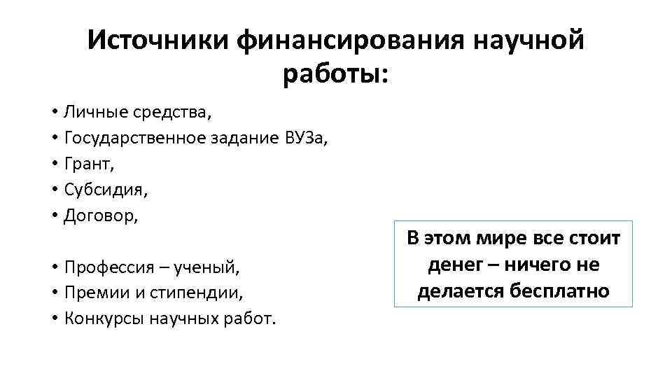 Источники финансирования научной работы: • Личные средства, • Государственное задание ВУЗа, • Грант, •