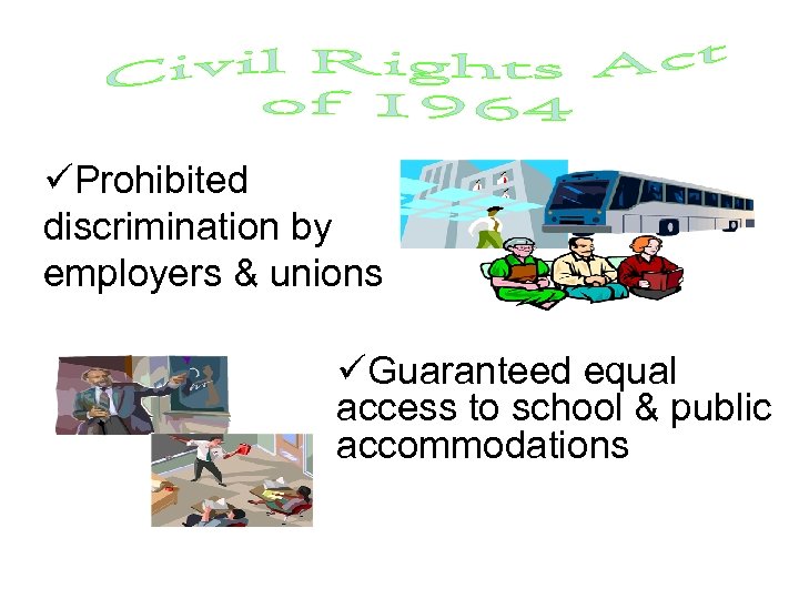 üProhibited discrimination by employers & unions üGuaranteed equal access to school & public accommodations