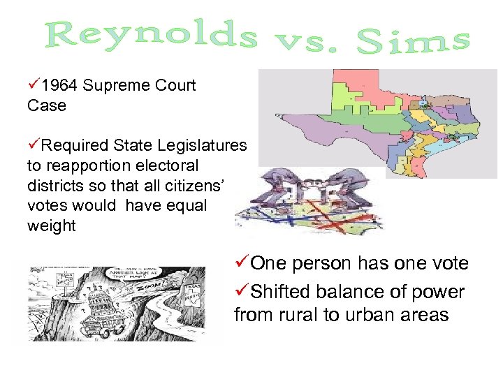 ü 1964 Supreme Court Case üRequired State Legislatures to reapportion electoral districts so that