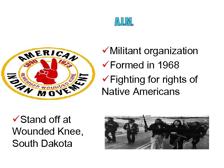 üMilitant organization üFormed in 1968 üFighting for rights of Native Americans üStand off at