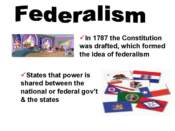 üIn 1787 the Constitution was drafted, which formed the idea of federalism üStates that