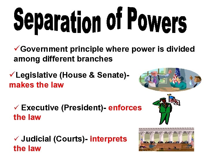 üGovernment principle where power is divided among different branches üLegislative (House & Senate)makes the