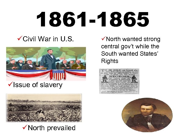 1861 -1865 üCivil War in U. S. üIssue of slavery üNorth prevailed üNorth wanted