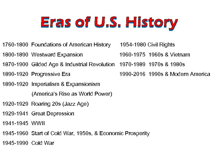 1760 -1800 Foundations of American History 1954 -1980 Civil Rights 1800 -1890 Westward Expansion