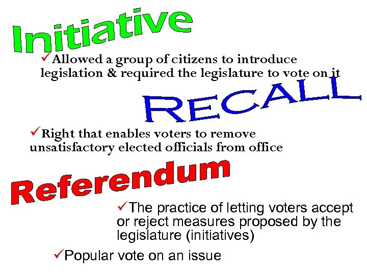 üAllowed a group of citizens to introduce legislation & required the legislature to vote