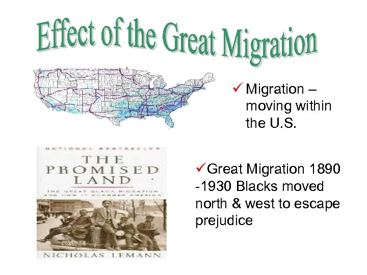 ü Migration – moving within the U. S. üGreat Migration 1890 -1930 Blacks moved