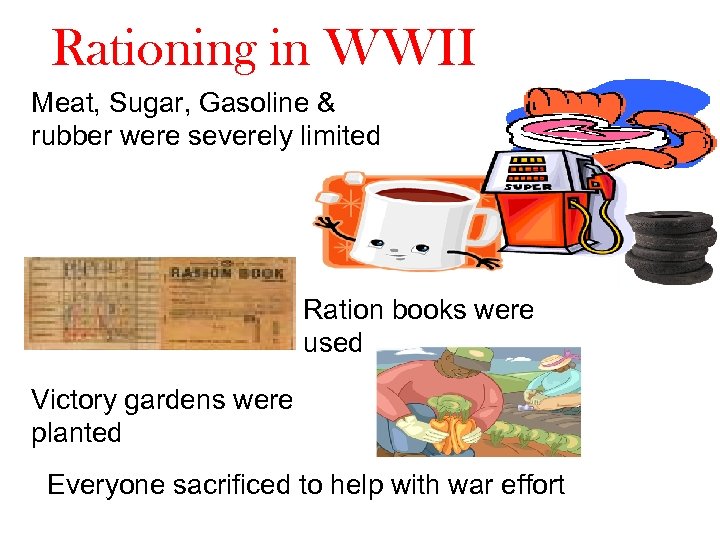 Rationing in WWII Meat, Sugar, Gasoline & rubber were severely limited Ration books were