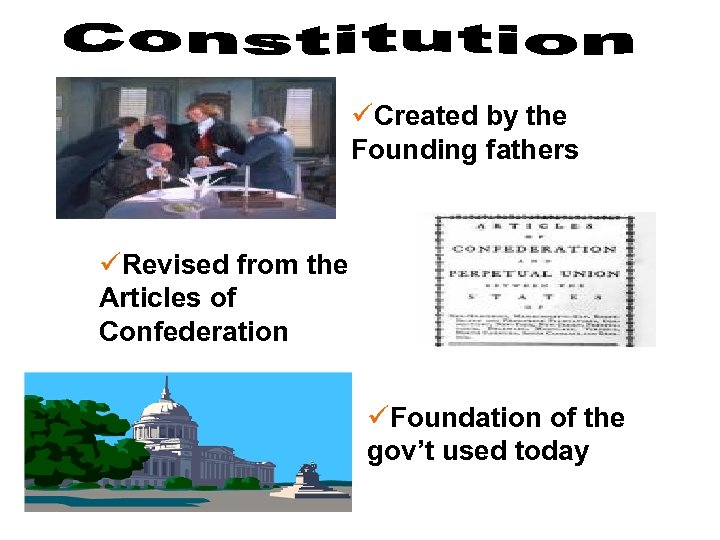 üCreated by the Founding fathers üRevised from the Articles of Confederation üFoundation of the