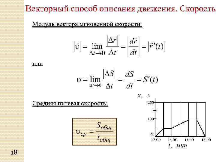 Векторный способ описания движения. Скорость Модуль вектора мгновенной скорости: или Средняя путевая скорость: 18