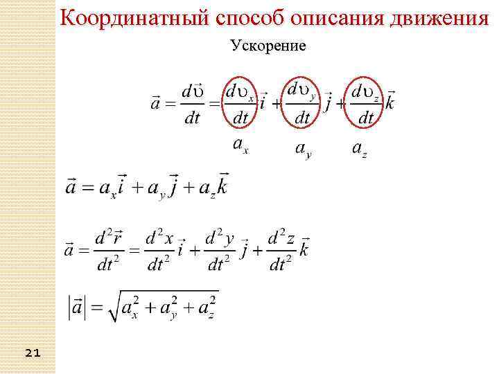 Координатный способ описания движения Ускорение 21 