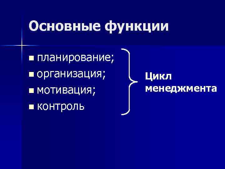 Основные функции n планирование; n организация; n мотивация; n контроль Цикл менеджмента 