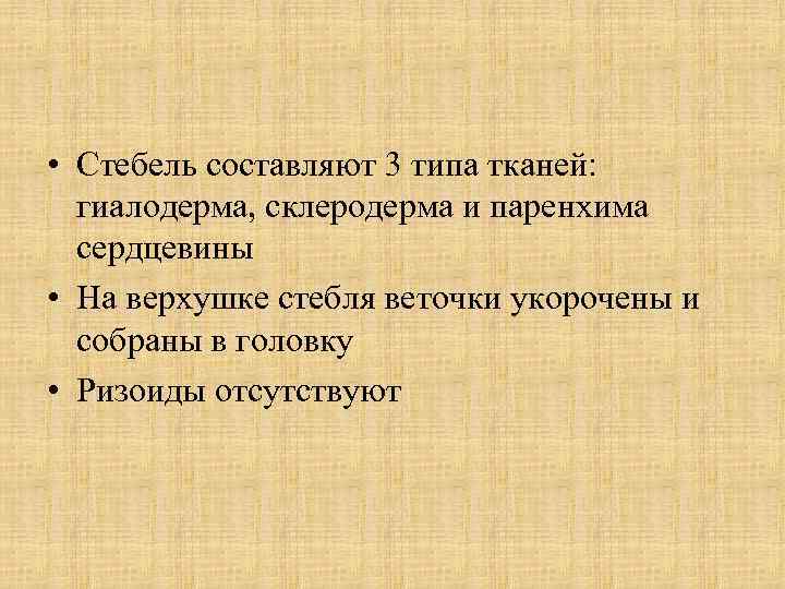  • Стебель составляют 3 типа тканей: гиалодерма, склеродерма и паренхима сердцевины • На