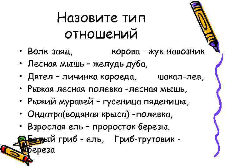 Назовите тип отношений • • Волк-заяц, корова - жук-навозник Лесная мышь – желудь дуба,