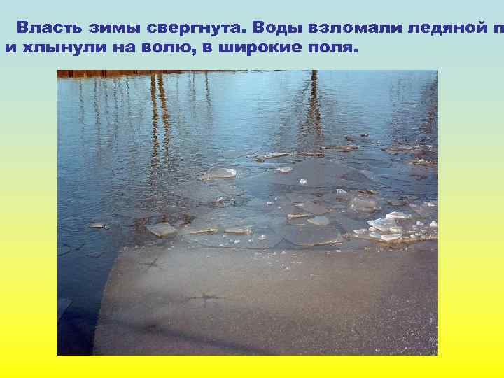 Власть зимы свергнута. Воды взломали ледяной п и хлынули на волю, в широкие поля.