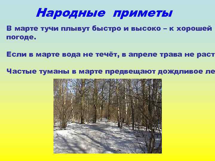 Народные приметы В марте тучи плывут быстро и высоко – к хорошей погоде. Если